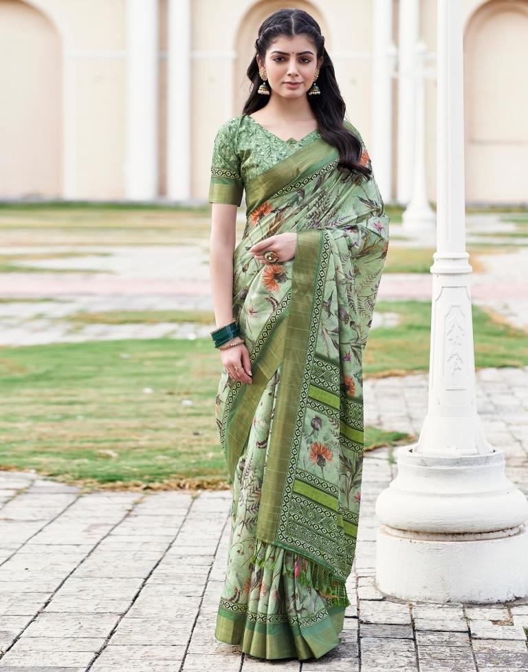 Light Green Silk Printed Saree