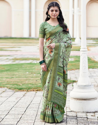 Light Green Silk Printed Saree