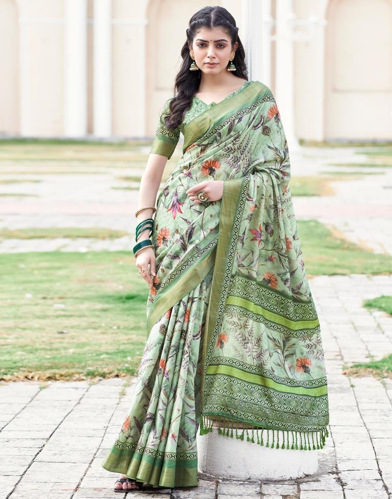 Light Green Silk Printed Saree