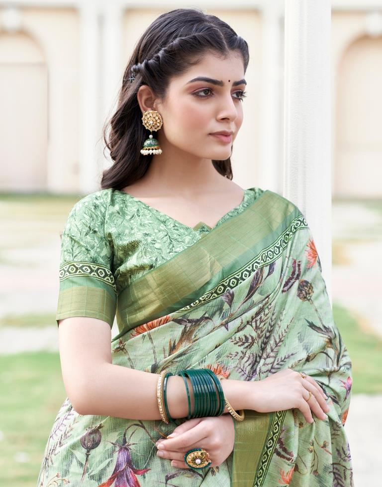 Light Green Silk Printed Saree
