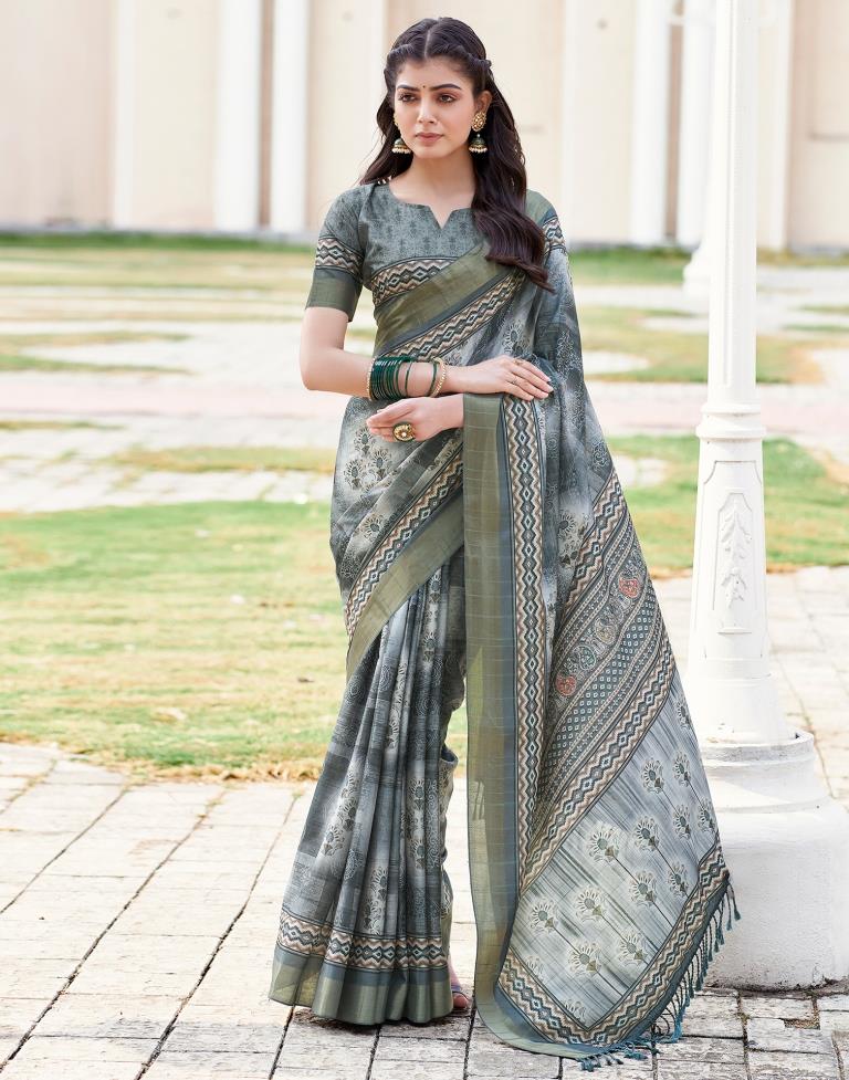 Grey Silk Printed Saree