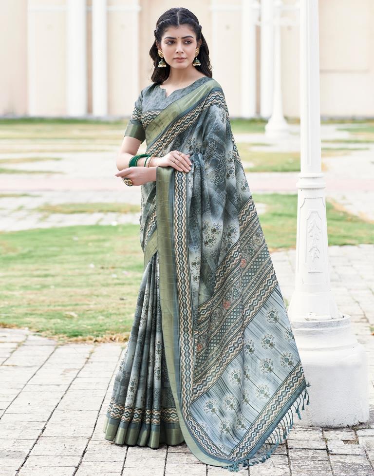 Grey Silk Printed Saree