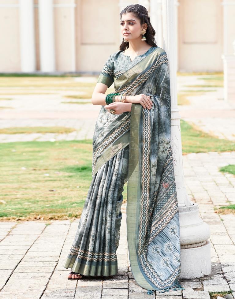 Grey Silk Printed Saree