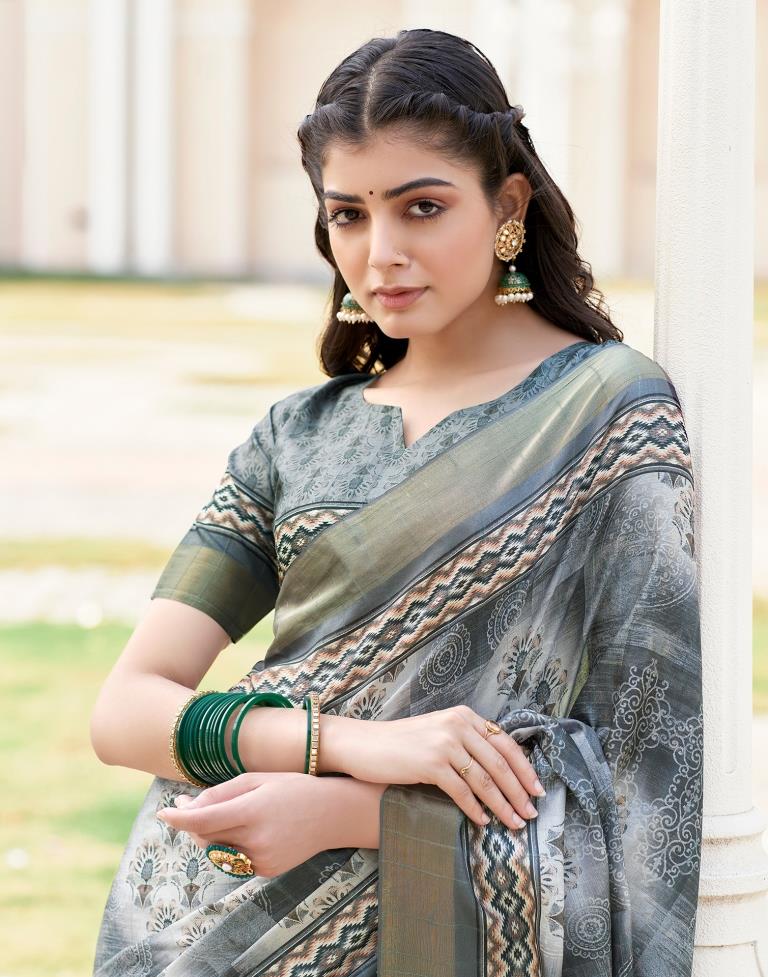 Grey Silk Printed Saree