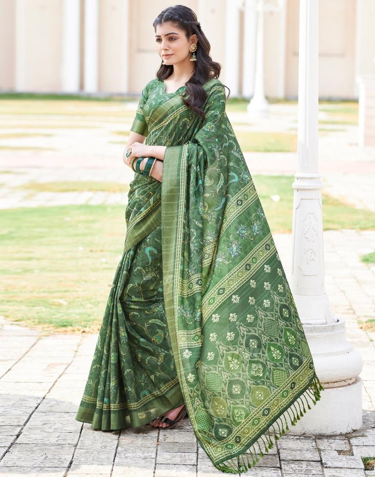 Dark Green Silk Printed Saree
