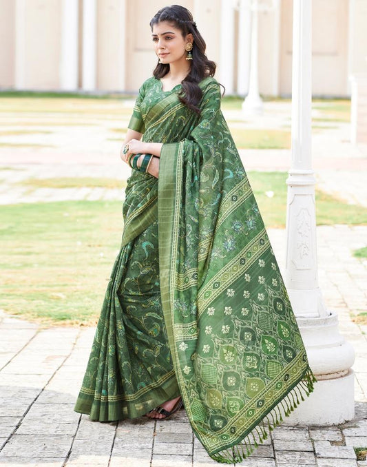 Dark Green Silk Printed Saree