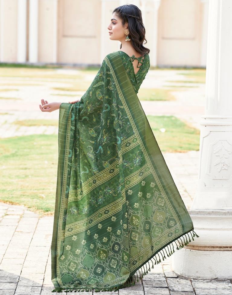 Dark Green Silk Printed Saree
