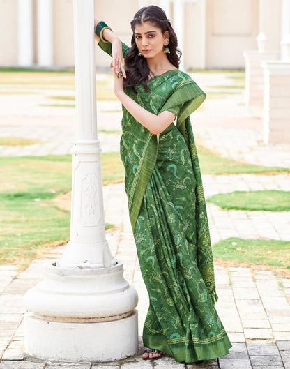 Dark Green Silk Printed Saree