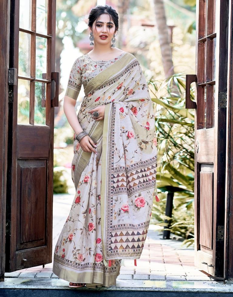Light Beige Silk Printed Saree