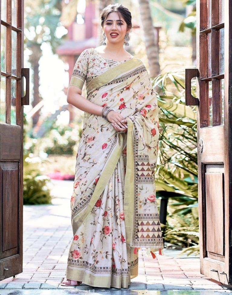 Light Beige Silk Printed Saree