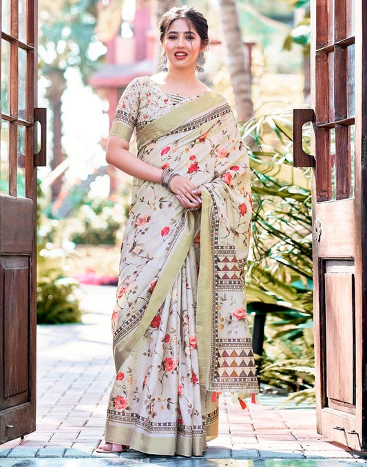 Light Beige Silk Printed Saree