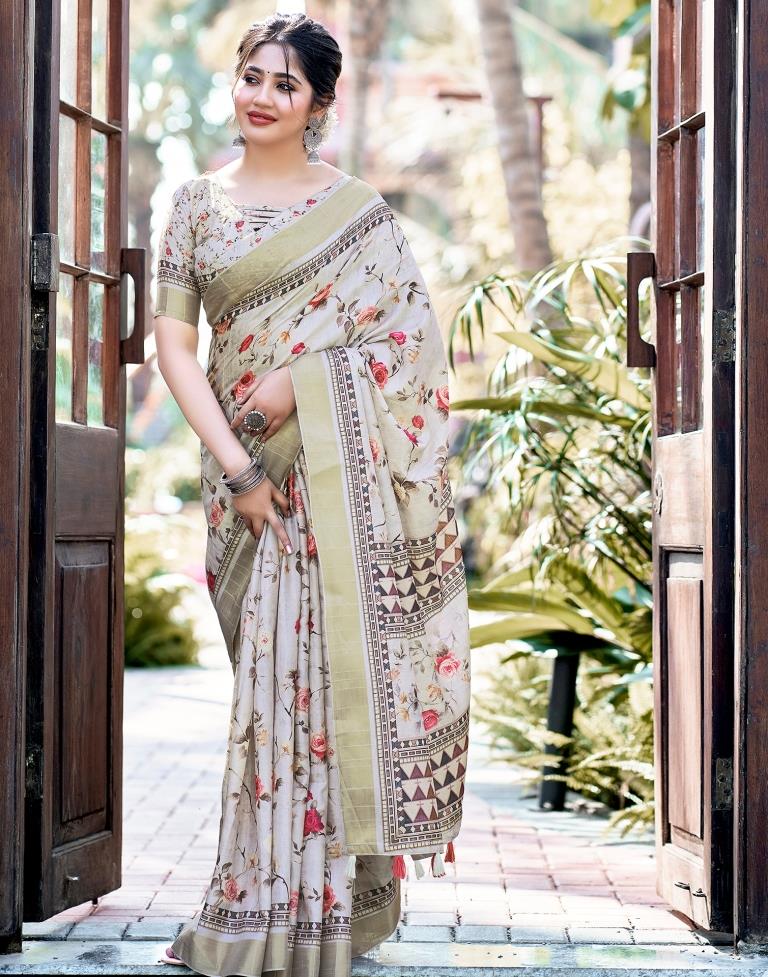 Light Beige Silk Printed Saree