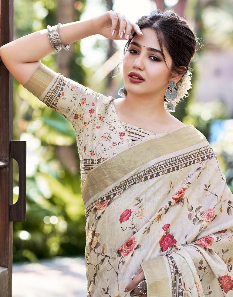 Light Beige Silk Printed Saree
