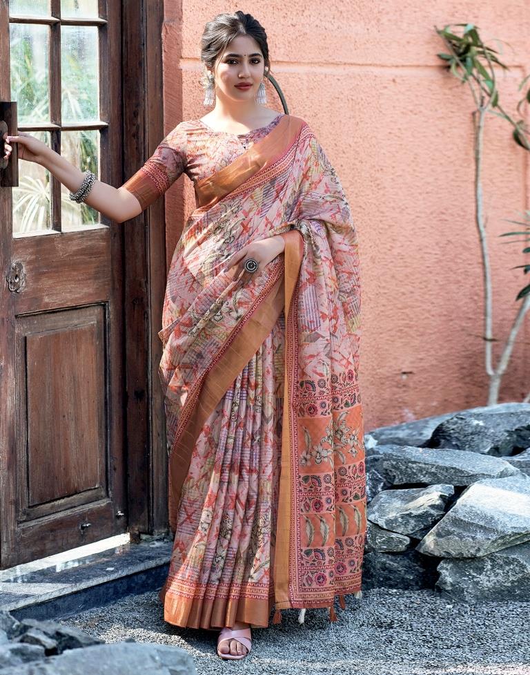 Light Peach Silk Printed Saree