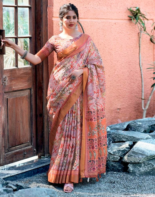 Light Peach Silk Printed Saree
