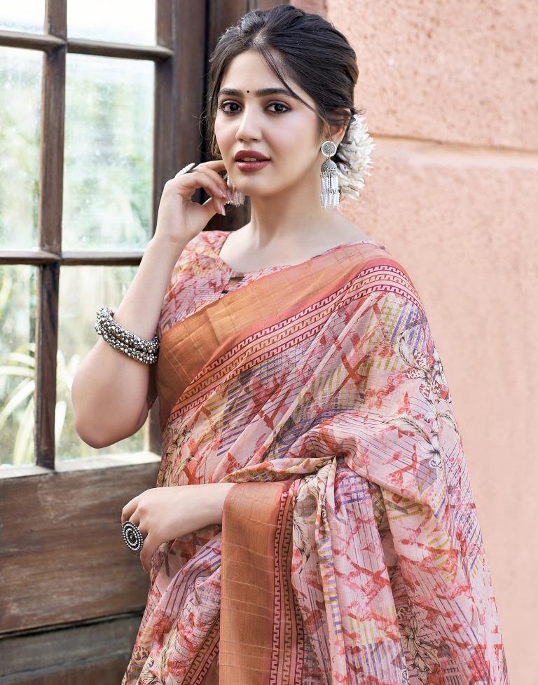 Light Peach Silk Printed Saree