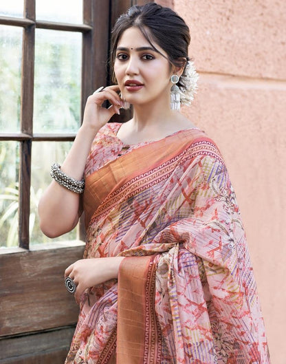 Light Peach Silk Printed Saree