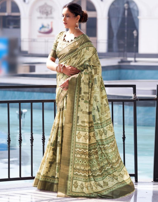 Beige, Silk Printed Saree