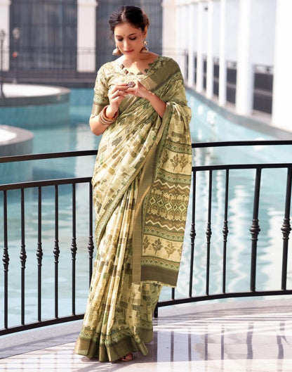 Beige, Silk Printed Saree