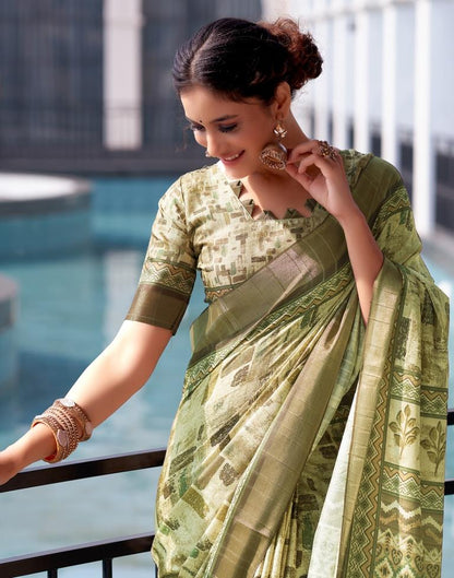 Beige, Silk Printed Saree