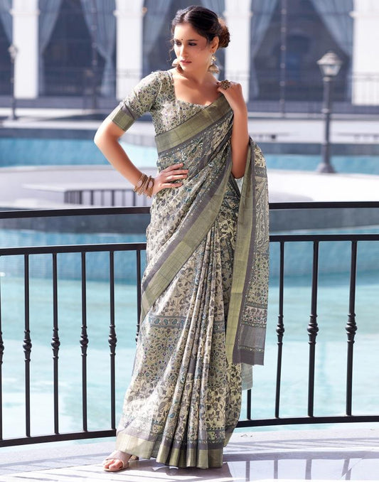 Beige Silk Printed Saree