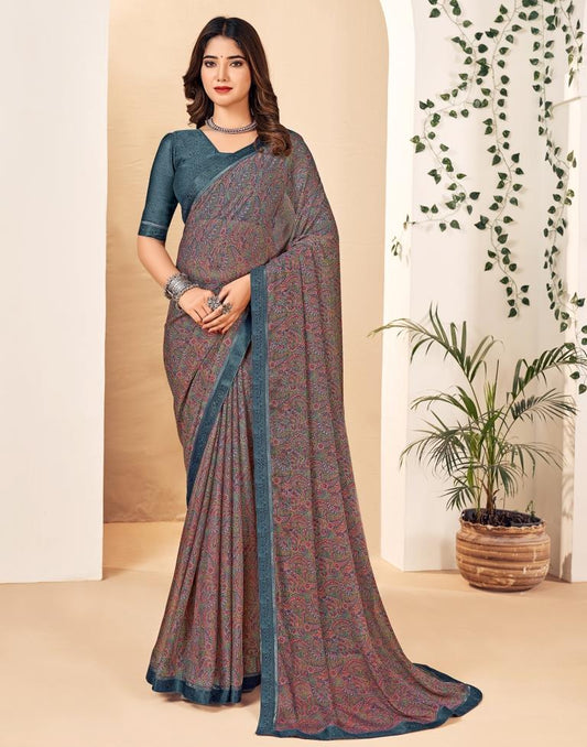 Dark Grey Georgette Printed Saree
