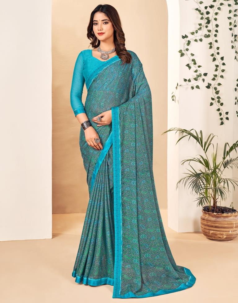 Blue Georgette Printed Saree