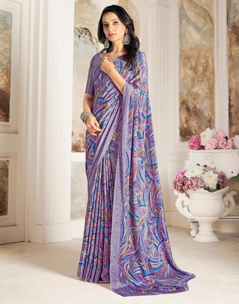 Lavender & Multicoloured Silk Printed Saree