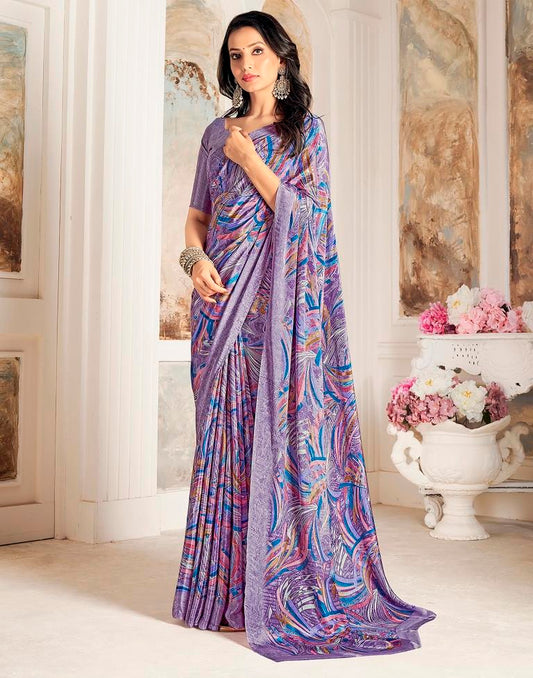 Lavender & Multicoloured Silk Printed Saree