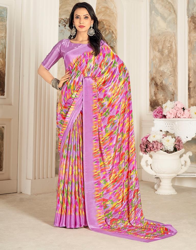 Lavender & Multicoloured Silk Printed Saree