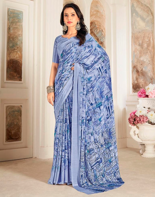 Steel Blue Silk Printed Saree