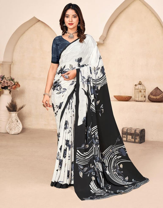 White Silk Printed Saree