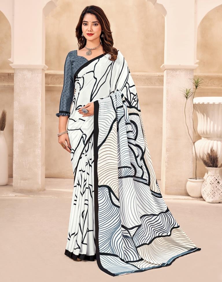 White Silk Printed Saree