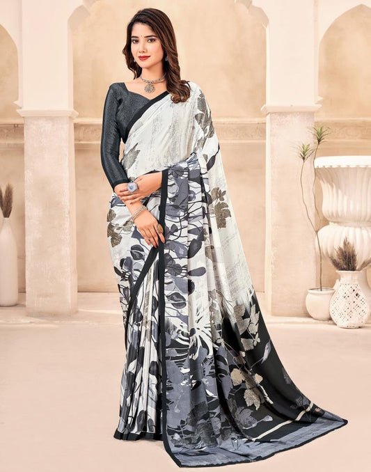 White Silk Printed Saree