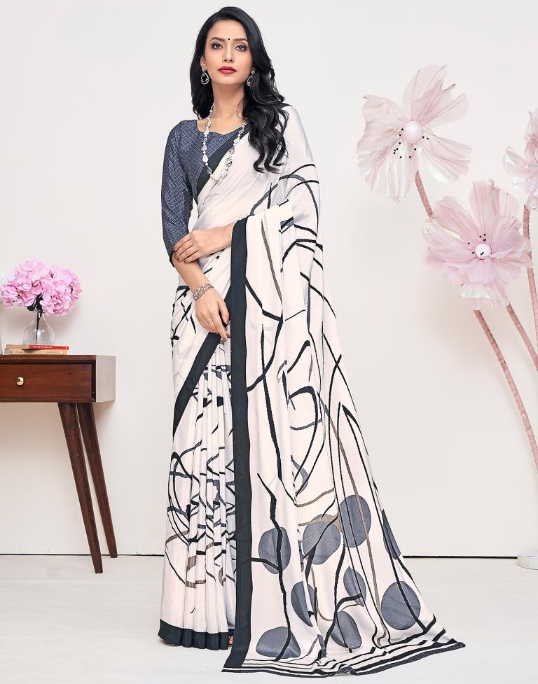 White Silk Printed Saree
