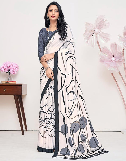 White Silk Printed Saree