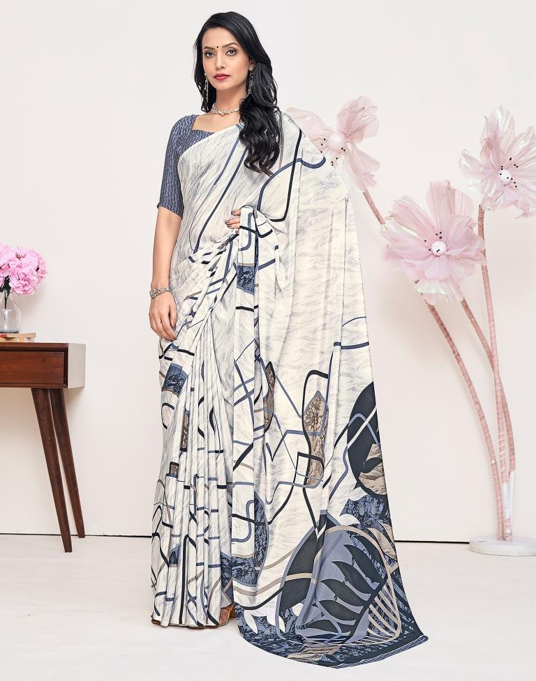 White Silk Printed Saree