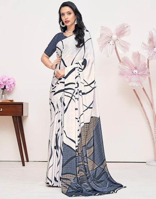 White Silk Printed Saree