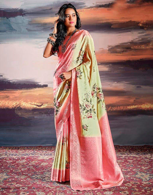 Beige & Pink Silk Woven Saree