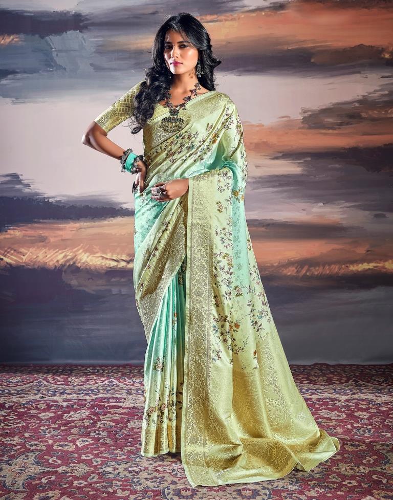 Beige & Light Green Silk Woven Saree