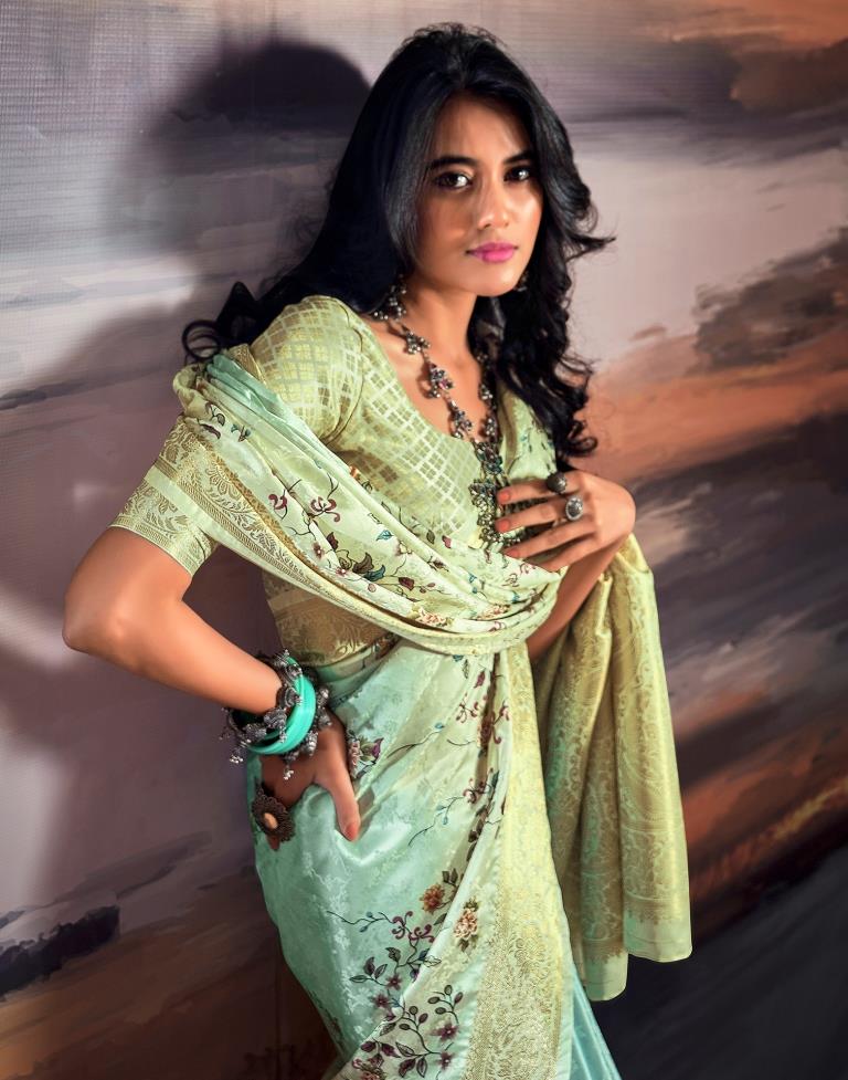 Beige & Light Green Silk Woven Saree