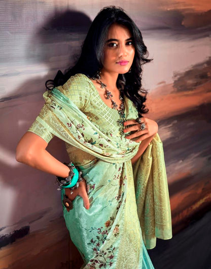 Beige & Light Green Silk Woven Saree