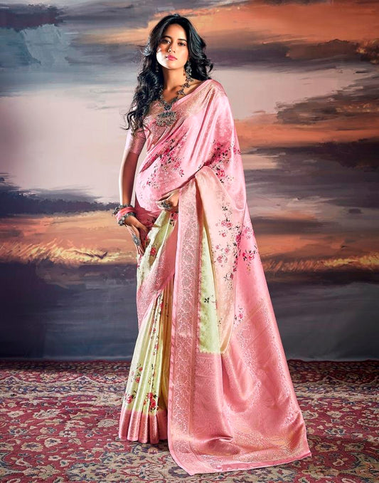 Beige & Pink Silk Woven Saree