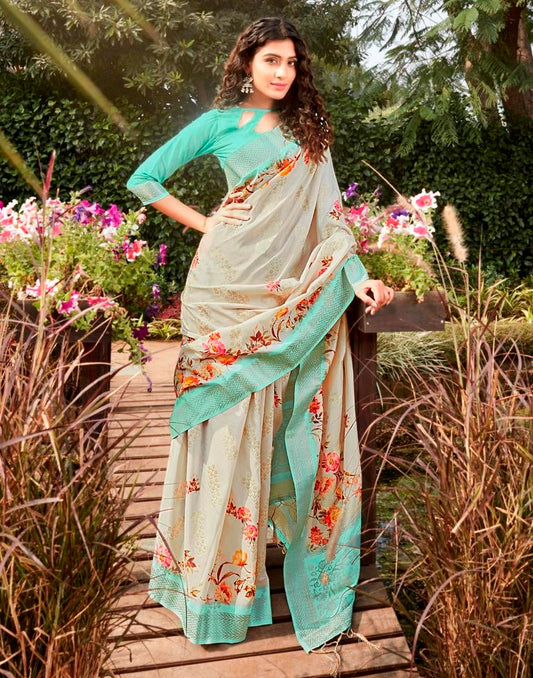 Beige Cotton Woven Saree