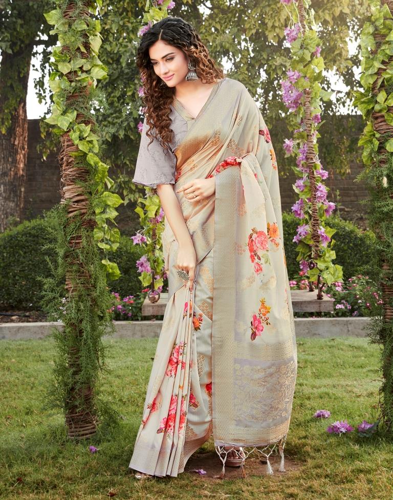 Beige Cotton Woven Saree