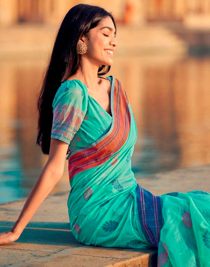 Turquoise Silk Woven Saree