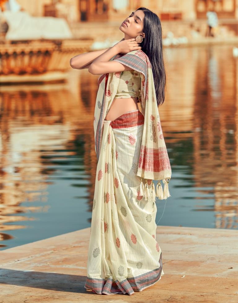 Beige Silk Woven Saree