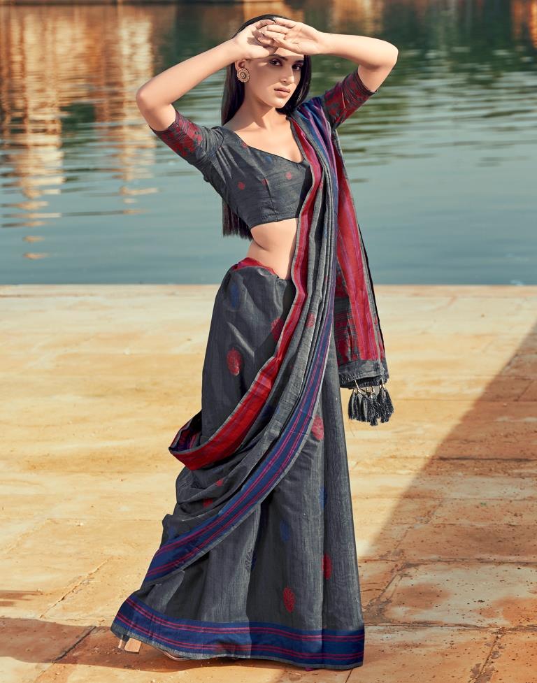 Dark Grey & Multicoloured Silk Woven Saree