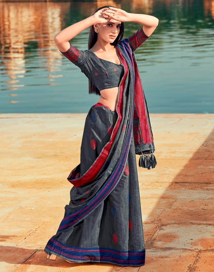 Dark Grey & Multicoloured Silk Woven Saree