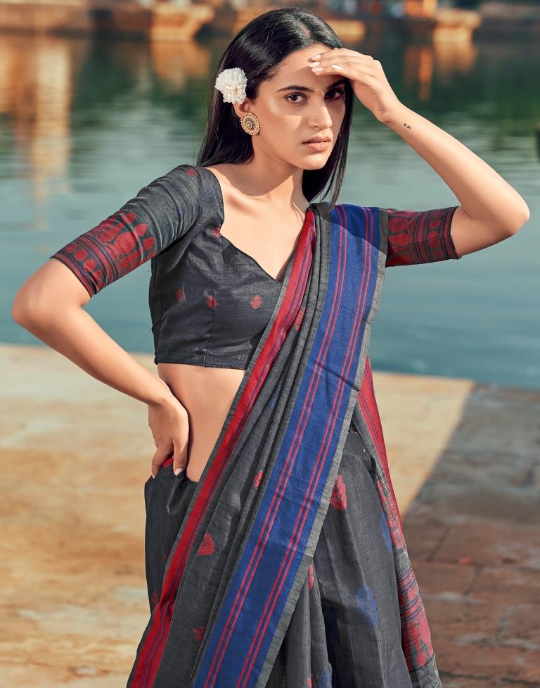 Dark Grey & Multicoloured Silk Woven Saree